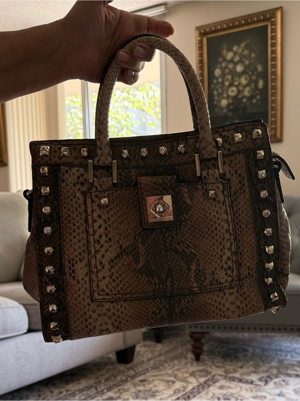 Karen Millen Brown Snake-Print Studded Top-Handle Satchel